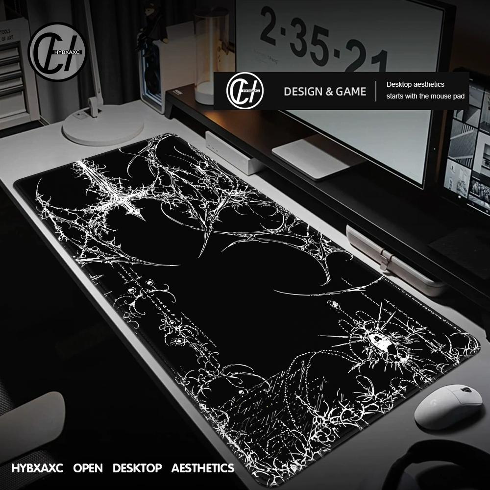 Tech Accessories Desk - แผ่นรองเมาส์ลายไซเบอร์ไซกิลิซึมสีดำขาว สไตล์โกธิค ลายแมลงสาบ ขนาด XL สำหรับสำนักงาน