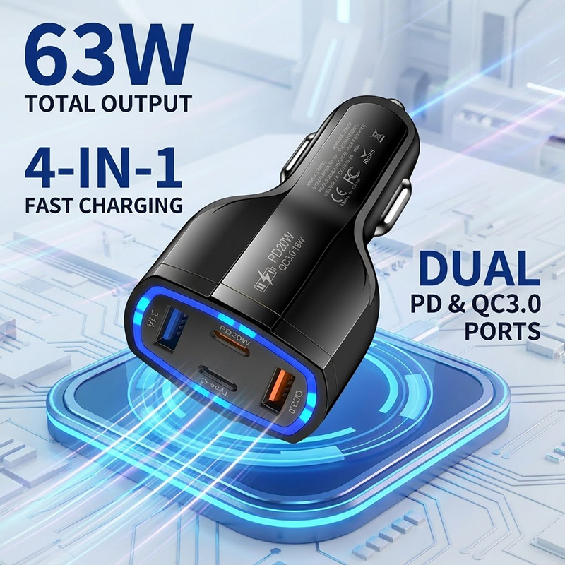 Type C Multiport Adapter - อะแดปเตอร์ชาร์จในรถยนต์แบบหลายพอร์ต 63W ชาร์จเร็ว พร้อมพอร์ตคู่ PD 20W